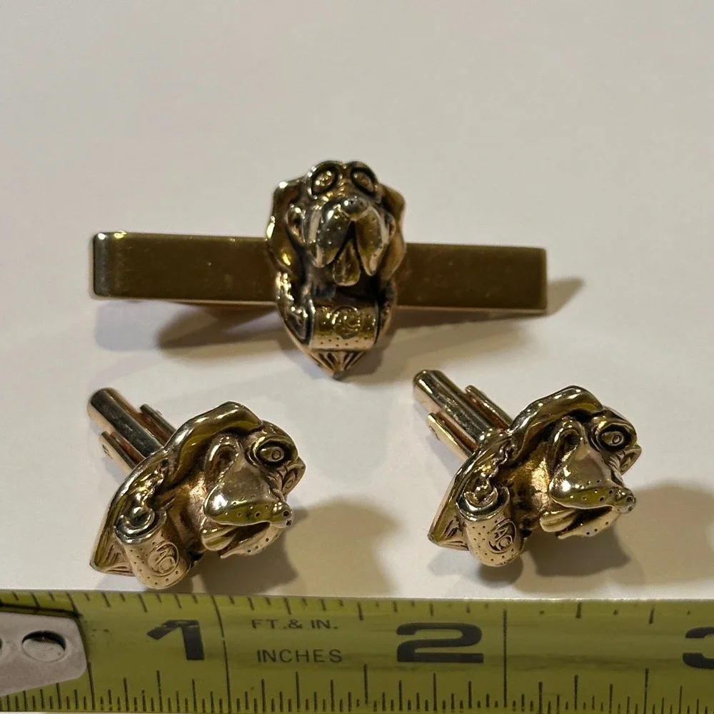Vintage Hickok USA Bloodhound Dog Head Tie Bar and Cufflinks Set Gold Tone